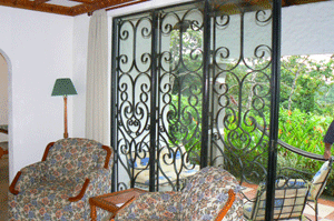 The living room has a forest and lake view.